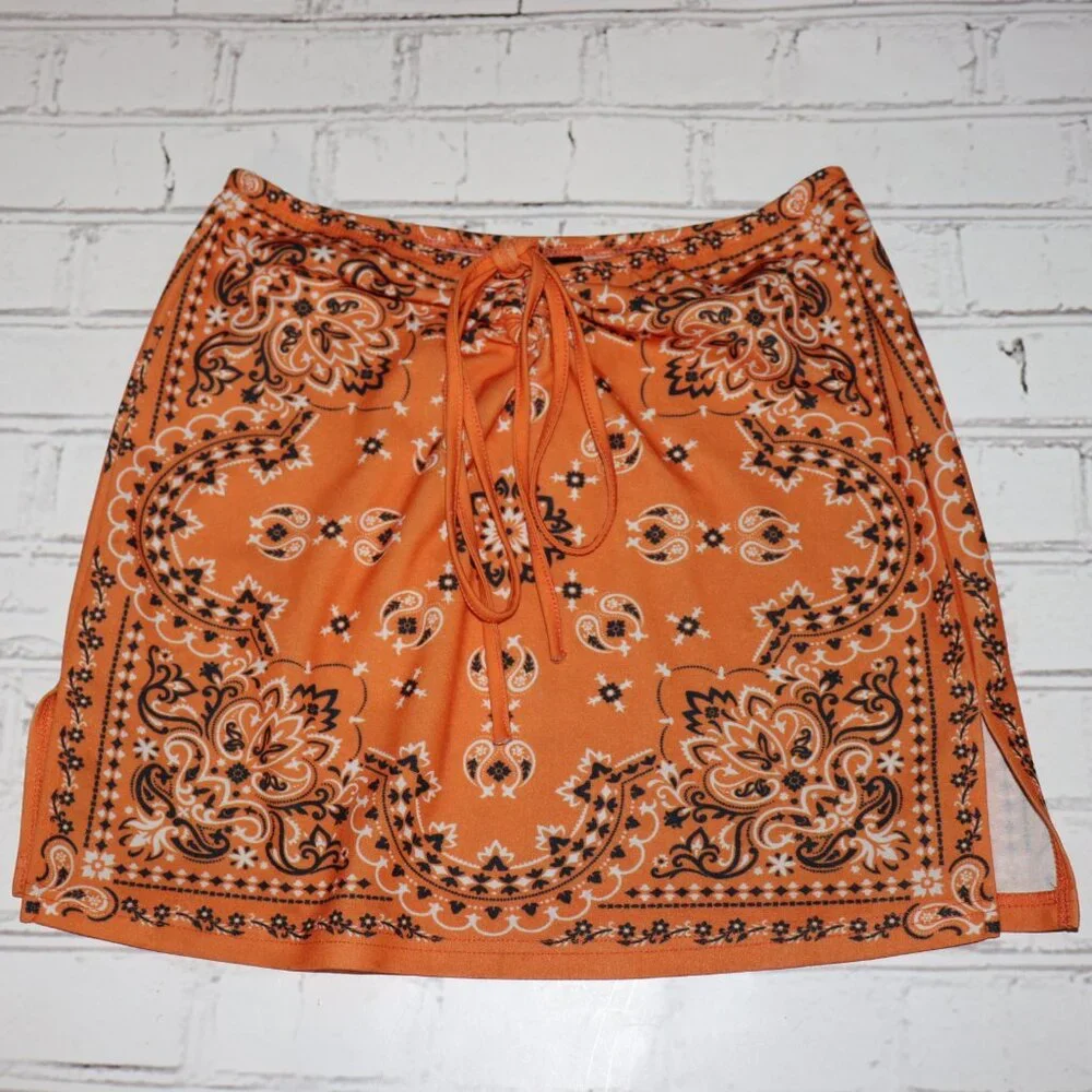 🧡✨ SHEIN BAE Paisley Mini Skirt · Size Large · Self-Tie · Side Slit